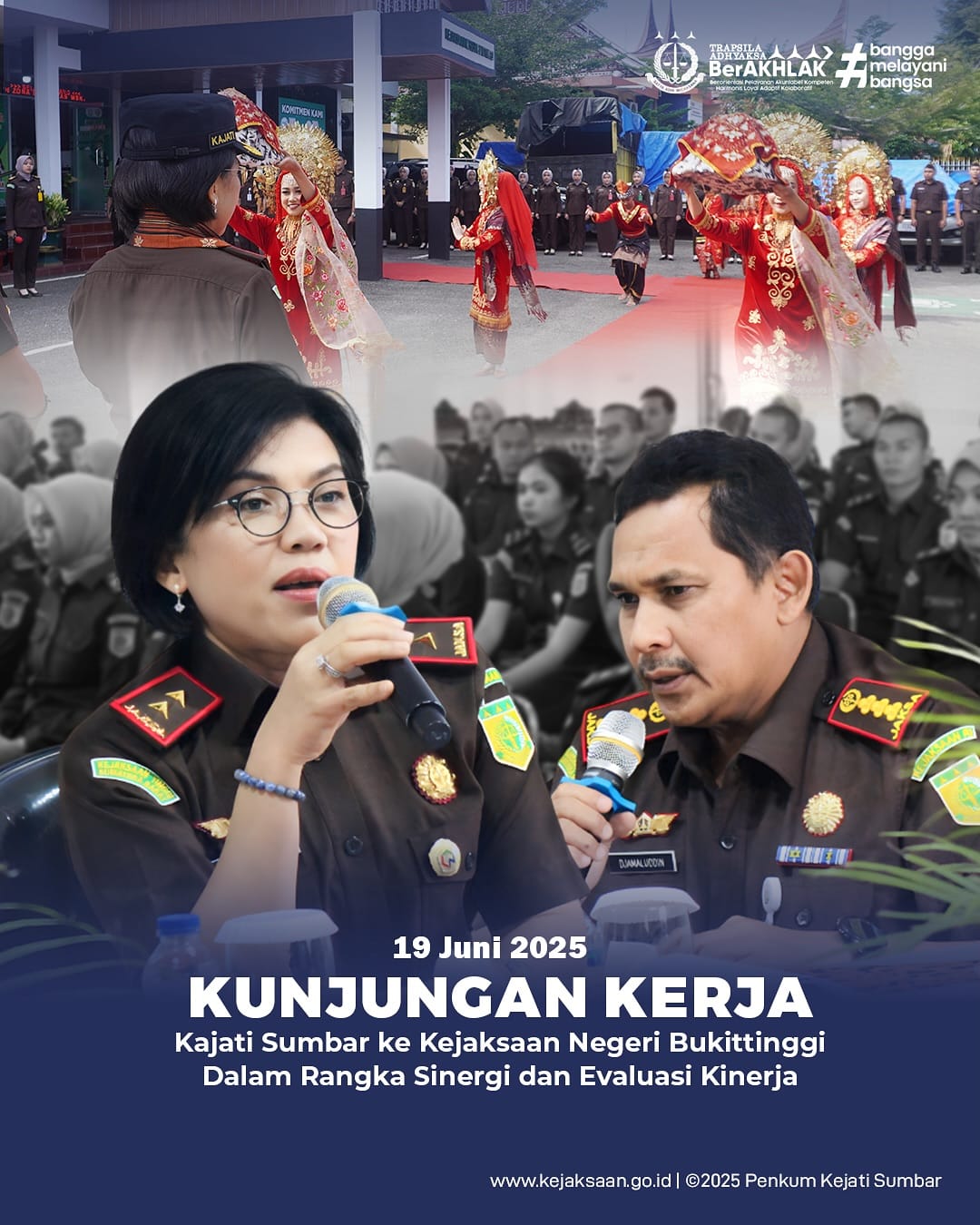 kunjungan kerja ke Kejaksaan Negeri Bukittinggi. Kegiatan ini disambut langsung oleh Kepala Kejaksaan Negeri Bukittinggi, Djamaluddin, S.H., M.H., beserta jajaran pejabat dan seluruh pegawai Kejari Bukittinggi.