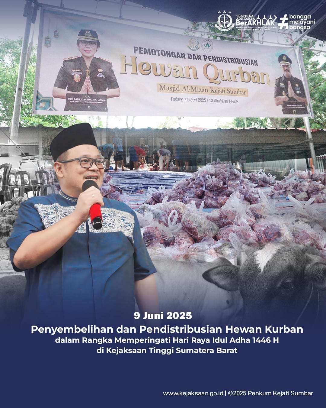 Pemotongan dan pendistribusian hewan kurban yang dilaksanakan di area belakang kantor Kejati Sumbar