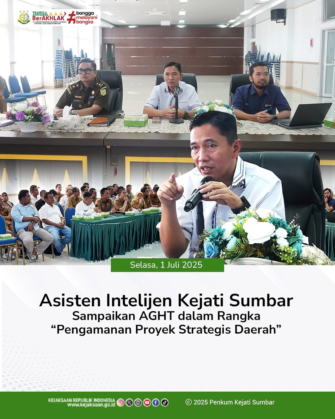 Pemaparan terkait Potensi Ancaman, Gangguan, Hambatan, dan Tantangan AGHT) dalam pelaksanaan kegiatan Proyek Strategis daerah Provinsi Sumatera Barat yang dilaksanakan pada Aula lantai 5 Kejaksaan Tinggi Sumatera Barat