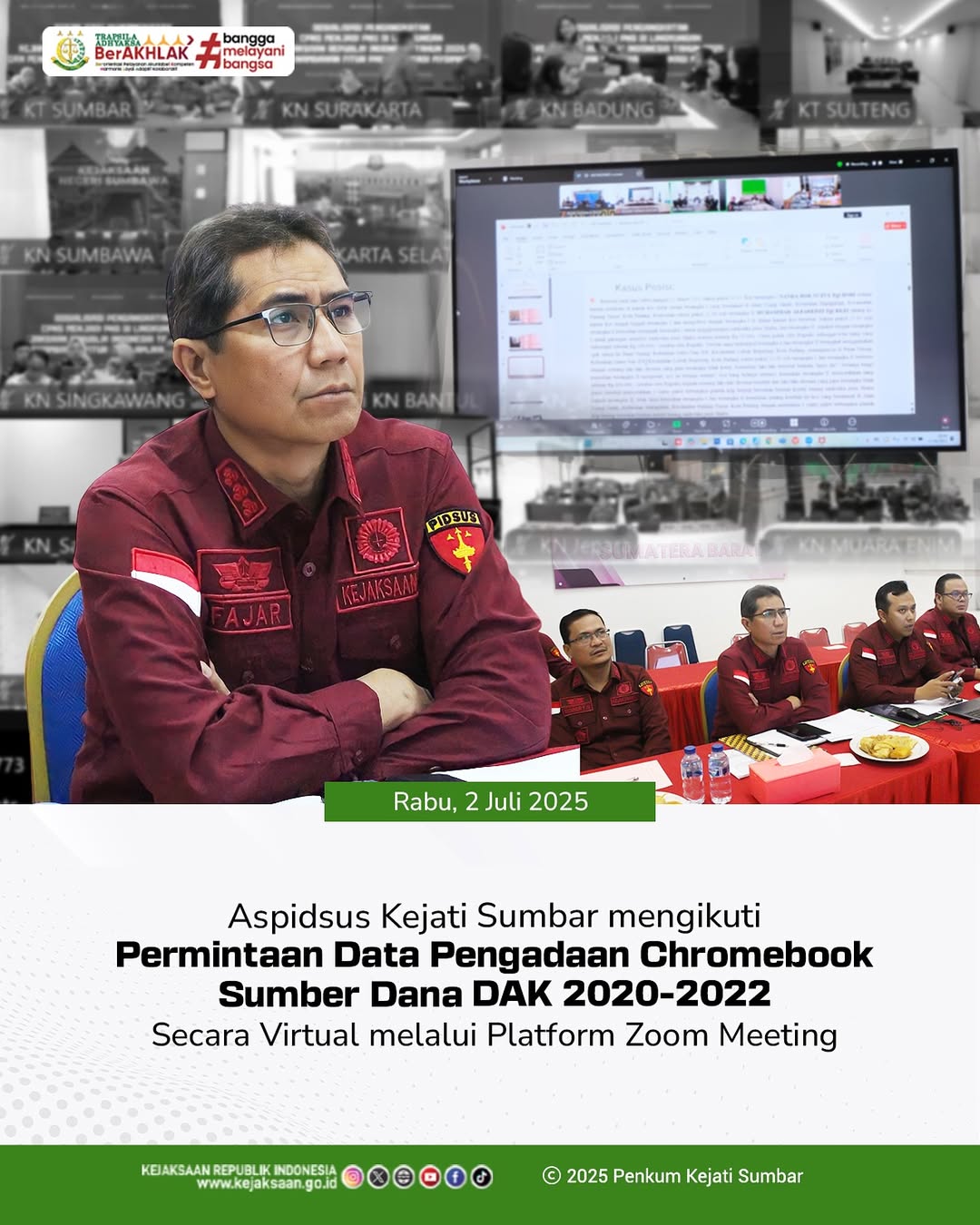 Permintaan Data secara virtual terkait pengadaan Chromebook yang bersumber dari Dana Alokasi Khusus DAK) Tahun 2020 hingga 2022 yang dilaksanakan pada ruang Vidcon Tindak Pidana Khusus Kejati Sumbar