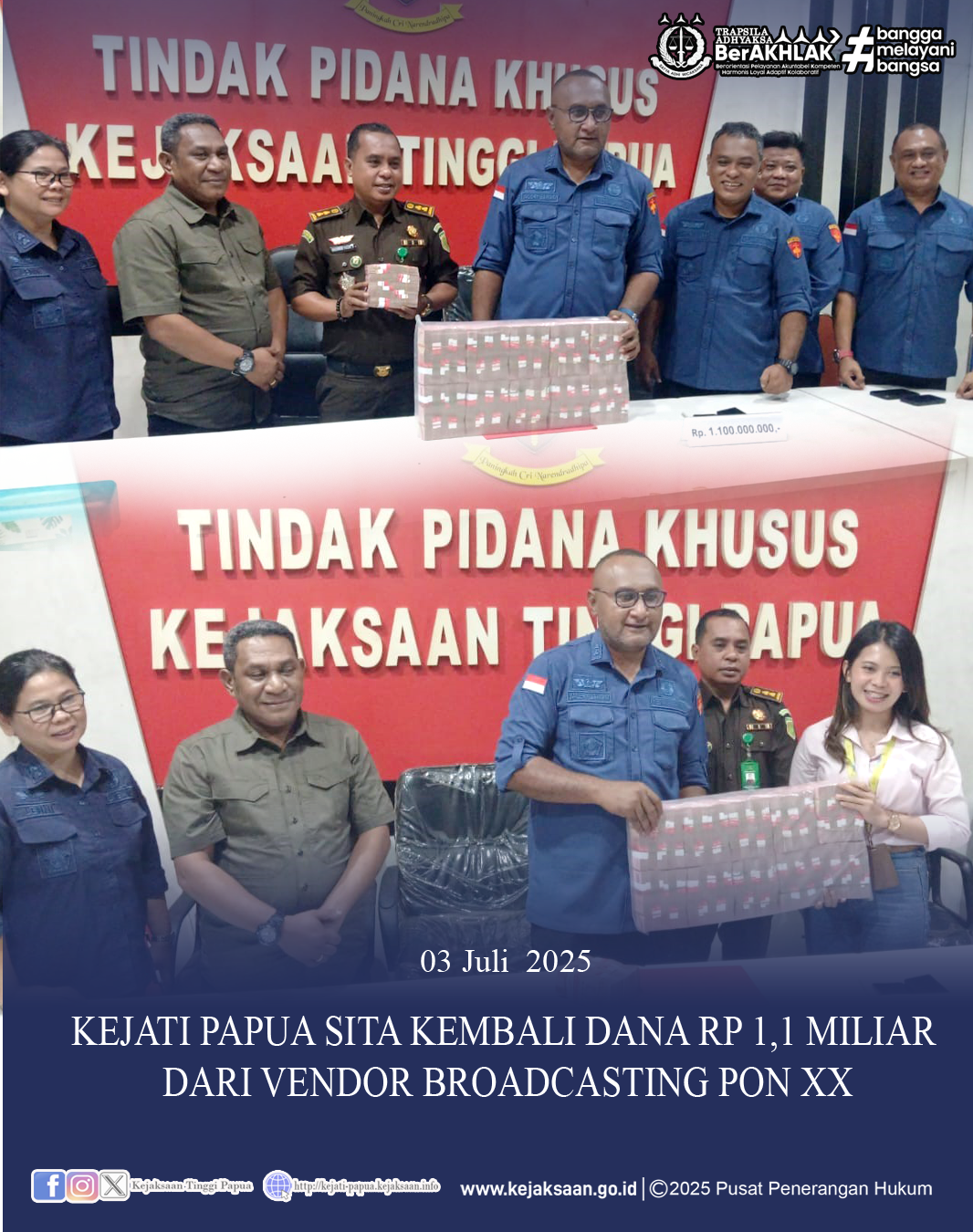 Kejati Papua Sita Kembali Dana Kerugian Negara Rp 1,1 Miliar dari Vendor Broadcasting PON XX