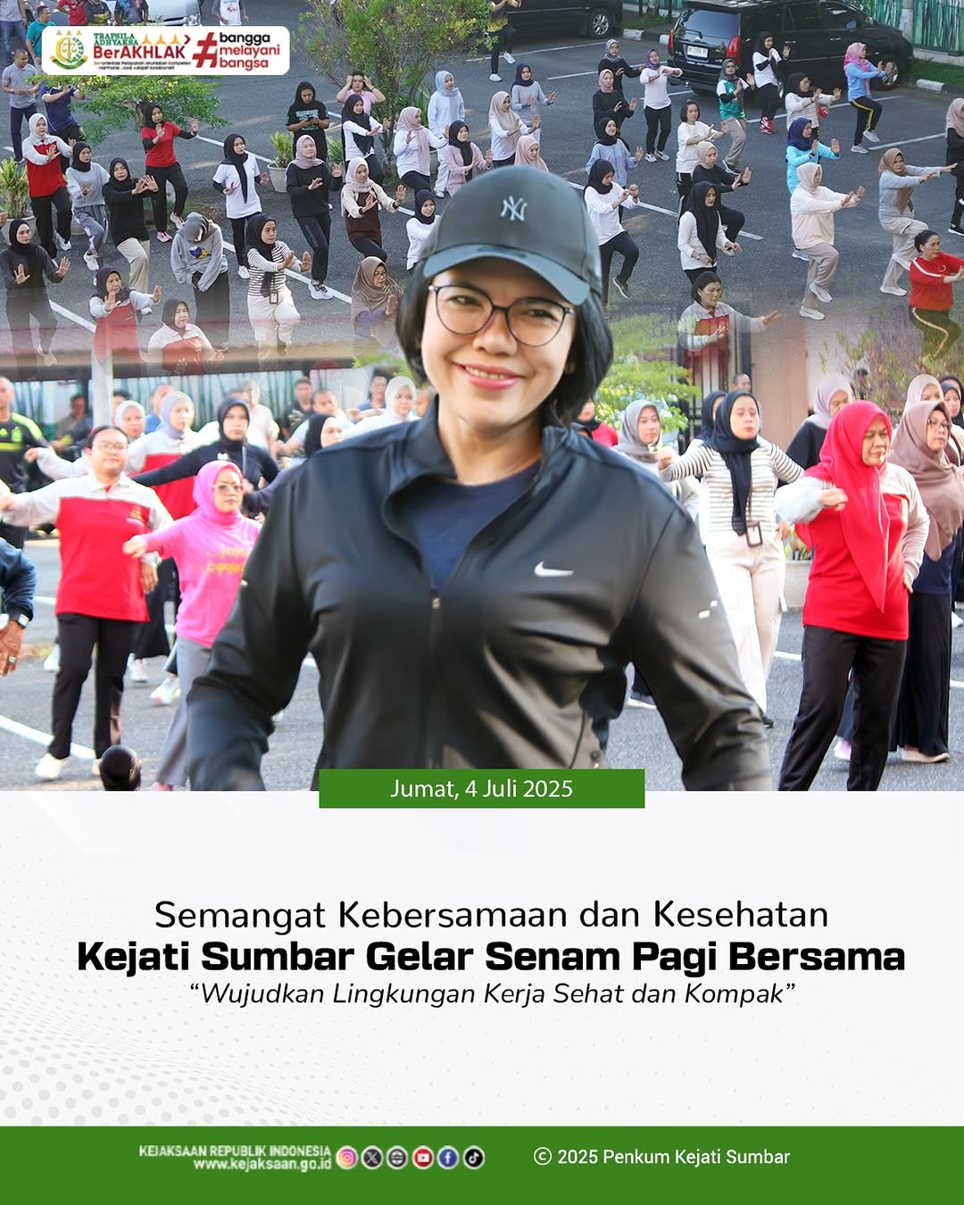 Kepala Kejaksaan Tinggi Sumatera Barat, Ibu Yuni Daru Winarsih, S.H., M.Hum., hadir dan ikut berpartisipasi dalam kegiatan senam pagi bersama, yang dilaksanakan di lingkungan kantor Kejati Sumbar
