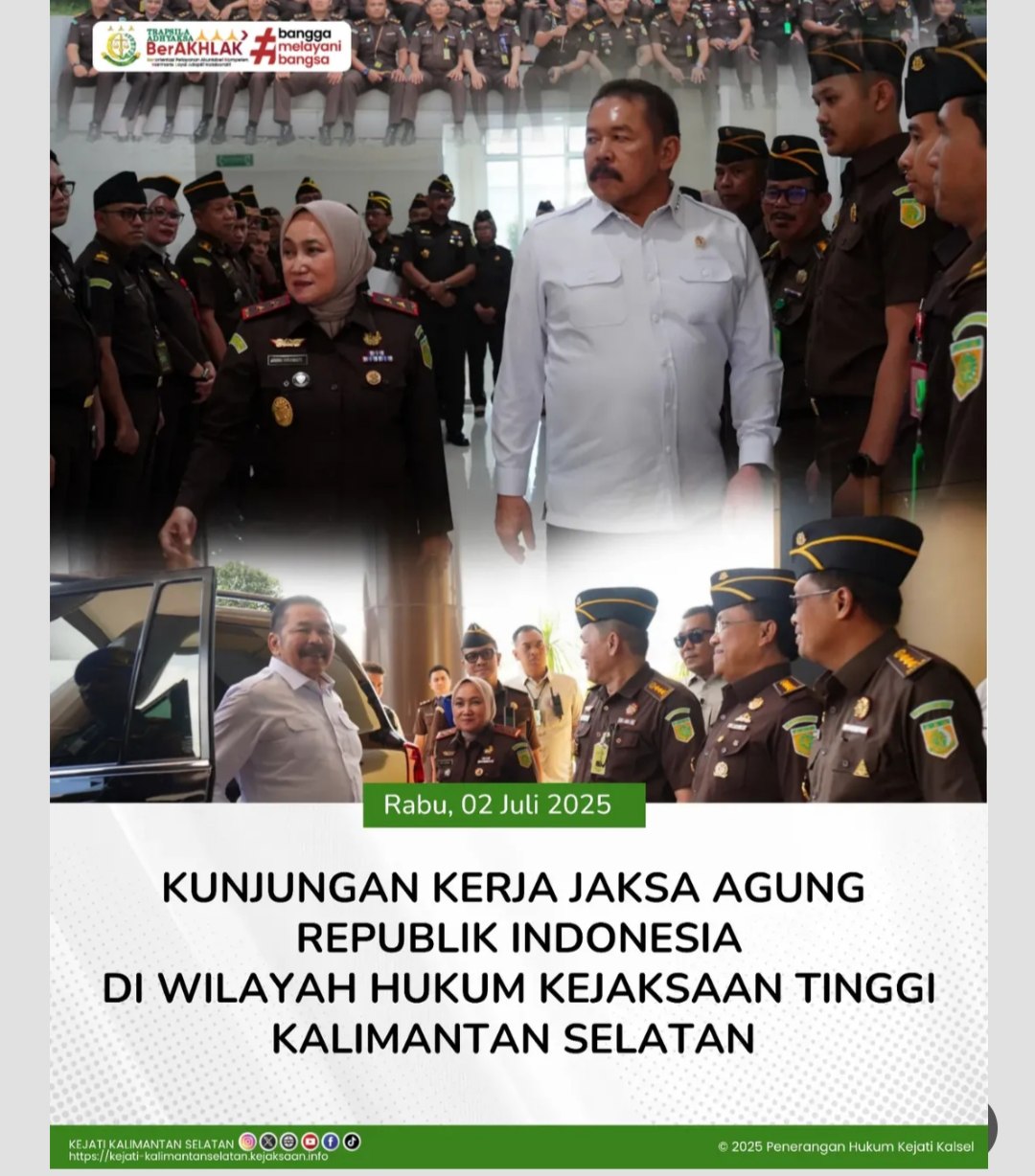 Jaksa Agung Republik Indonesia, Bapak ST. Burhanuddin, melakukan rangkaian kunjungan kerja kunker) di wilayah hukum Kejaksaan Tinggi Kalimantan Selatan. Dalam kunjungan ini, beliau didampingi oleh jajaran pejabat dari Kejaksaan Agung RI.