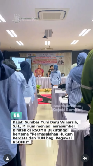 Kepala Kejaksaan Tinggi Sumatera Barat, Ibu Yuni Daru Winarsih, S.H., M.Hum, hadir sebagai narasumber dalam kegiatan Bimbingan Teknis Bimtek) yang diselenggarakan oleh Rumah Sakit Otak DR. Drs. M. Hatta RSOMH) Bukittinggi.