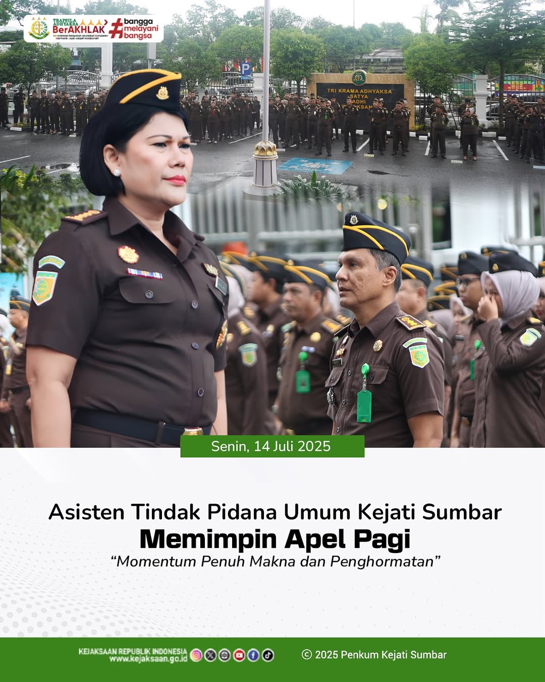 Ibu Dr. Afrilliyanna Purba, S.H., M.H., memimpin Apel Pagi di halaman Kantor Kejaksaan Tinggi Sumatera Barat, Apel Pagi diikuti Para Asisten, Kabag TU, Koordinator, dan Seluruh Pegawai Kejaksaan Tinggi Sumatera Barat.