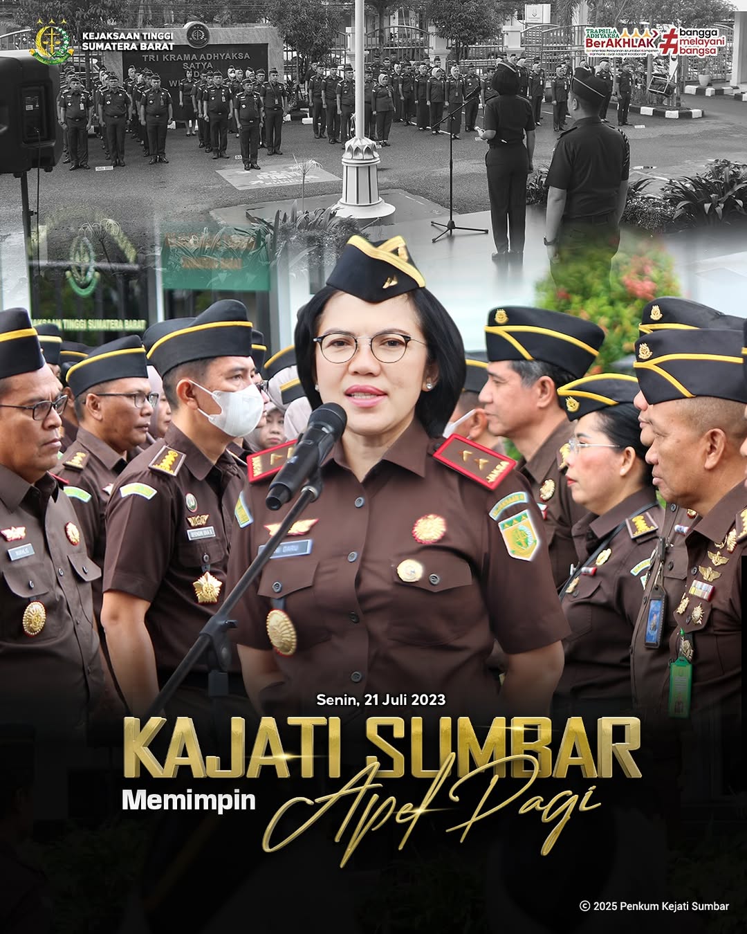 Kejaksaan Tinggi Sumatera Barat mengadakan apel pagi yang dipimpin langsung oleh Kepala Kejaksaan Tinggi, Yuni Daru Winarsih, S.H., M.Hum. Apel ini diikuti oleh seluruh jajaran pegawai, termasuk para Asisten, Koordinator, serta Kabag TU.