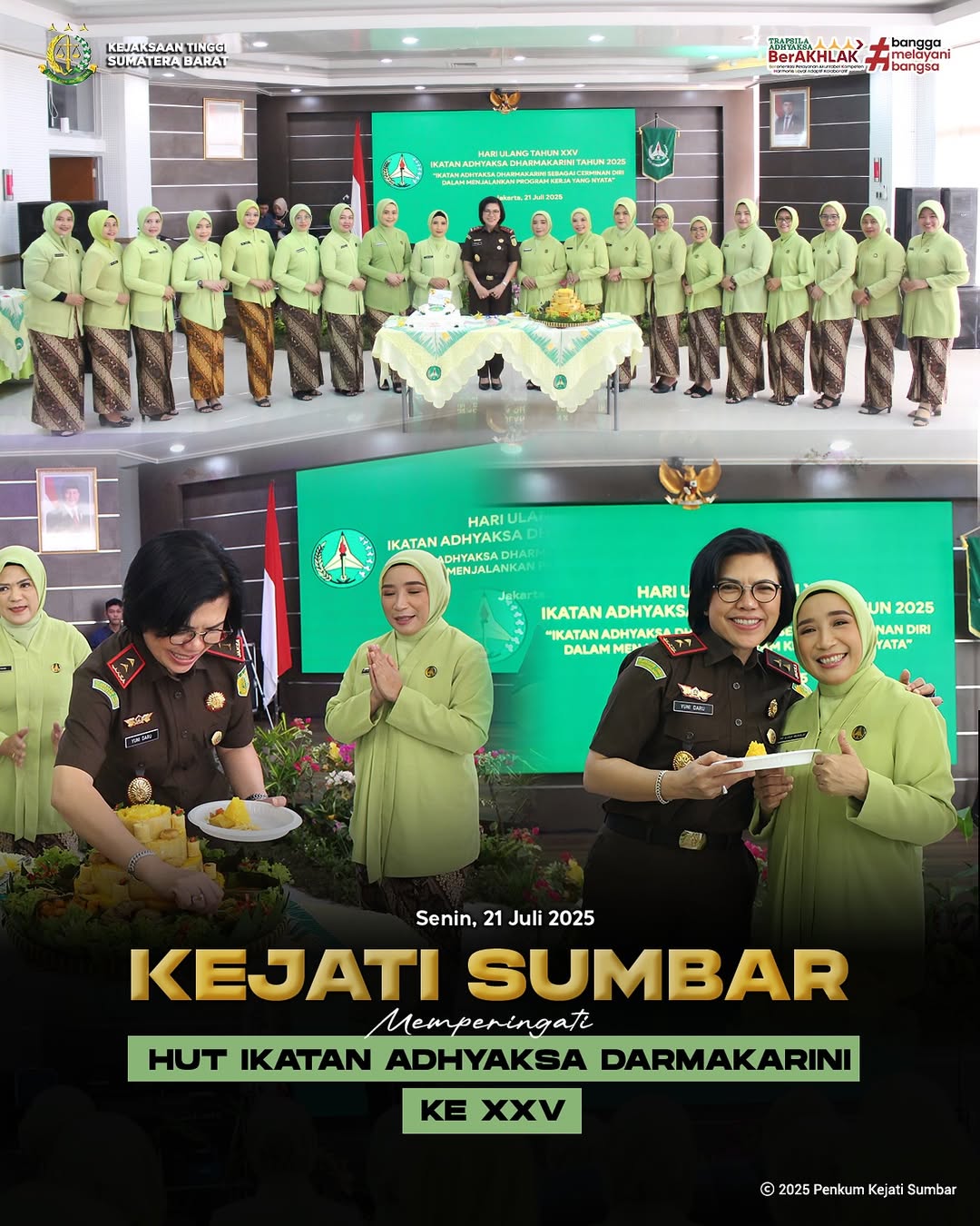 Kejaksaan Tinggi Sumatera Barat melaksanakan peringatan Hari Ulang Tahun ke-25 Ikatan Adhyaksa Dharmakarini IAD) Tahun 2025, yang mengusung tema “Ikatan Adhyaksa Dharmakarini sebagai Cerminan dari Dalam Menjalankan Program yang Nyata.”