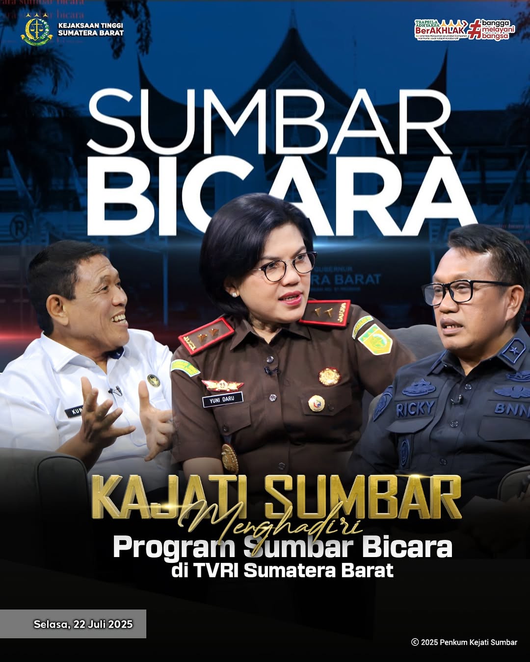 Kepala Kejaksaan Tinggi Sumatera Barat, berkesempatan untuk hadir dalam acara Sumbar Bicara yang diselenggarakan oleh TVRI Sumatera Barat.