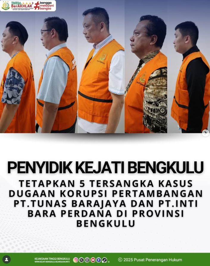 Tim penyidik tindak pidana khusus Kejaksaan Tinggi Bengkulu menetapkan tersangka kasus dugaan korupsi pertambangan Bengkulu.