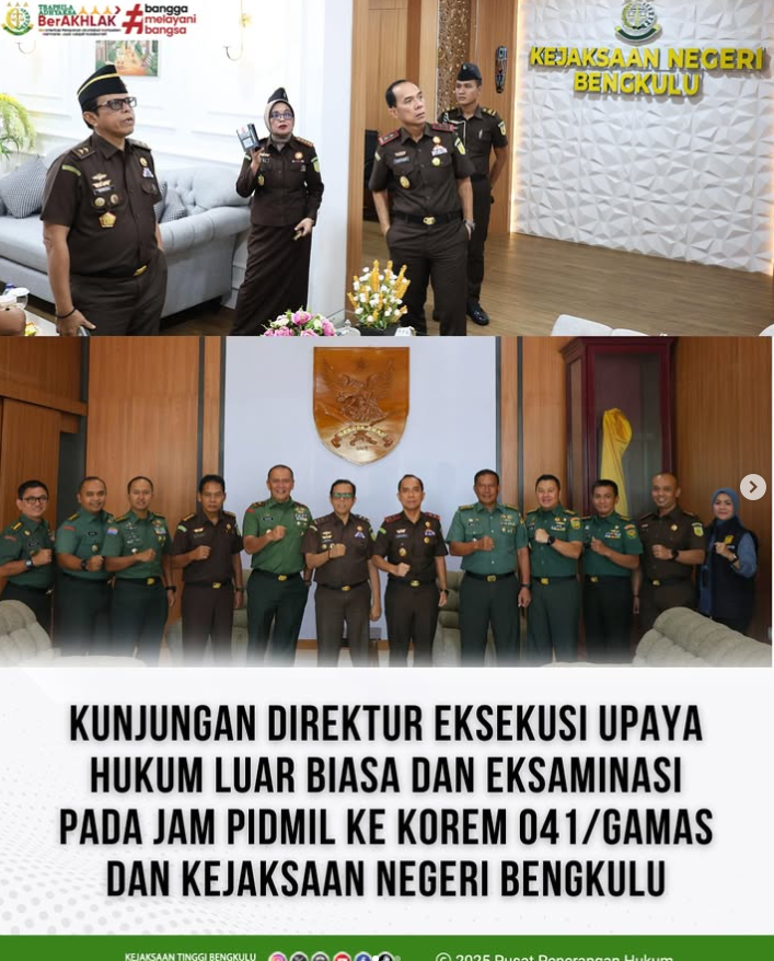 Kunjungan Direktur Eksekusi Upaya Hukum Luar Biasa dan Eksaminasi pada JAM Pidmil ke Korem 041GAMAS dan Kejaksaan Negeri Bengkulu