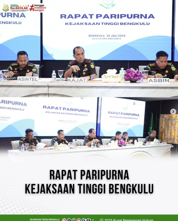 Rapat Paripurna yang dihadiri oleh Kepala Kejaksaan Tinggi Bengkulu, Victor Antonius Saragih Sidabutar, S.H., M.H., beserta para Asisten, para Koordinator, dan seluruh pegawai Kejaksaan Tinggi Bengkulu.