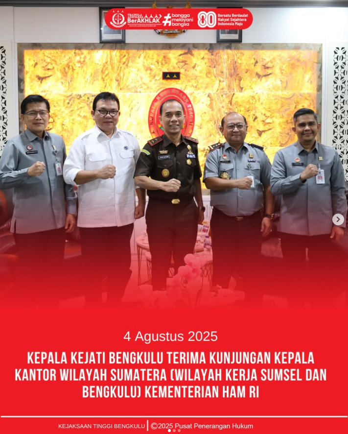Kepala Kejati Bengkulu Terima Kunjungan Kepala kantor wilayah sumatera wilayah kerja sumsel dan bengkulu) kementerian HAM RI.