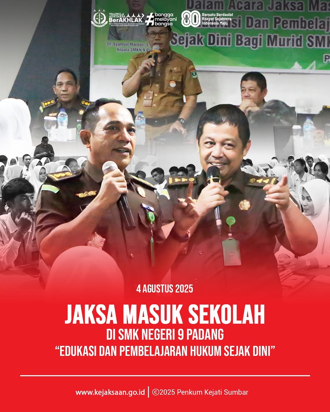Seksi Penerangan Hukum Kejaksaan Tinggi Sumatera Barat menyelenggarakan kegiatan Jaksa Masuk Sekolah di SMK Negeri 9 Padang, dengan mengusung tema: “Edukasi dan Pembelajaran Hukum Sejak Dini”.
