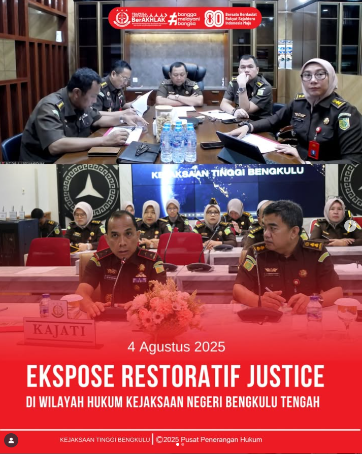 Kejaksaan Tinggi Bengkulu melalui Kepala Kejaksaan Tinggi Bengkulu Victor Antonius Saragih Sidabutar, S.H., M.H. beserta jajaran hari ini telah melaksanakan ekspose keadilan restoratif kepada jajaran Jaksa Agung Muda Pidana Umum JAMPIDUM)