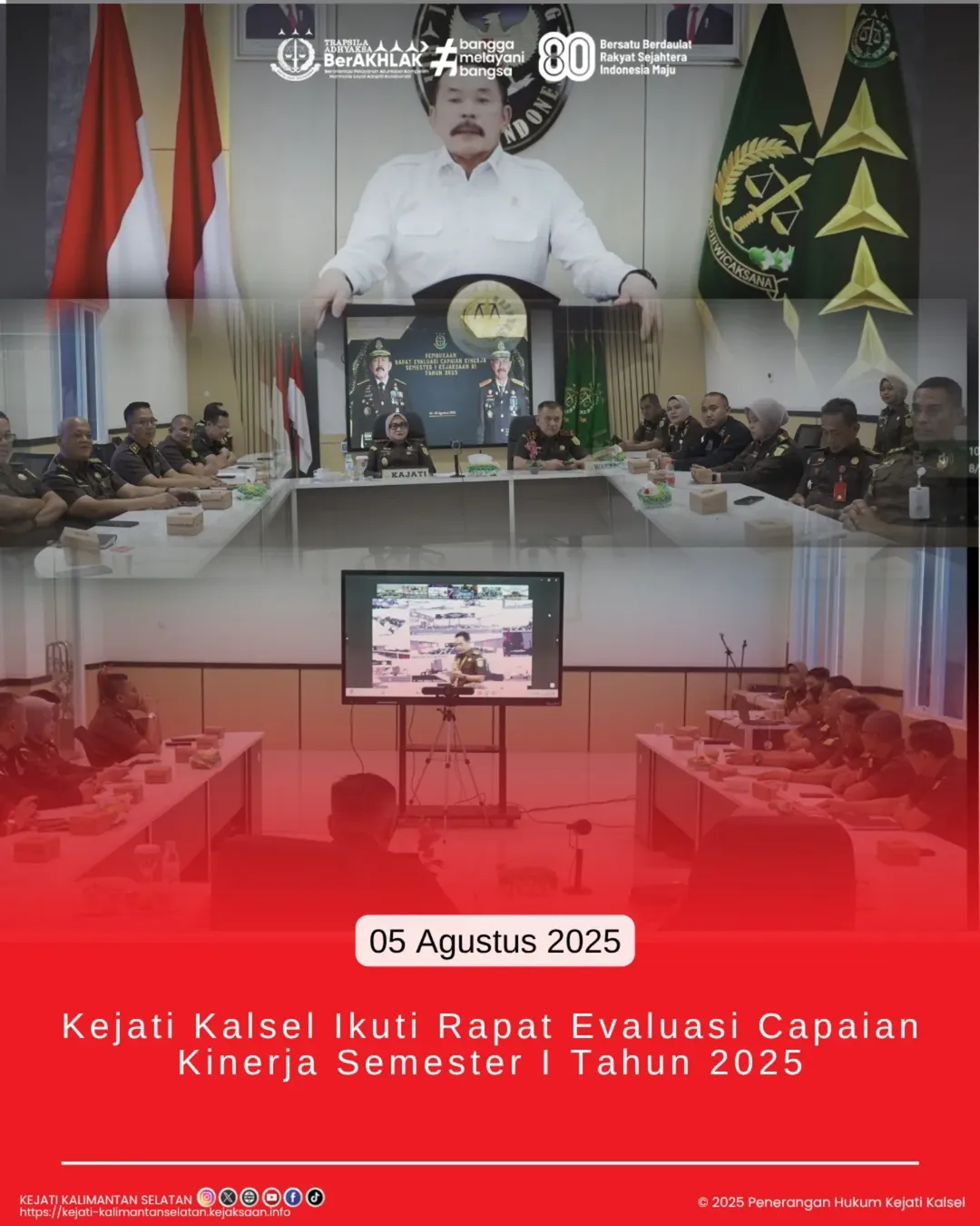 QKEJATI KALSEL, Banjarbaru -- Kepala Kejaksaan Tinggi Kalimantan Selatan, Ibu Rina Virawati, S.H., M.H., memimpin langsung Rapat Evaluasi Capaian Kinerja Semester I Tahun 2025 di Ruang Rapat Lantai 1 Kejati Kalsel