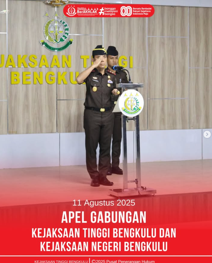 Kejaksaan Tinggi Bengkulu mengadakan apel gabungan Senin yang dilaksanakan di Aula Intelijen Kejaksaan Tinggi Bengkulu