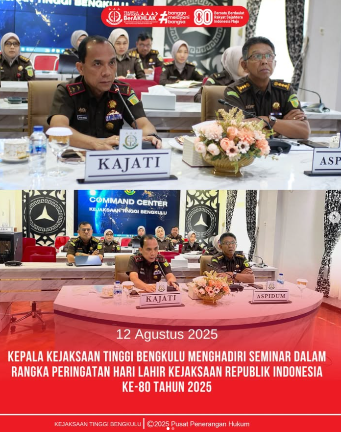 Kepala Kejaksaan Tinggi Bengkulu, Victor Antonius Saragih Sidabutar, S.H., M.H., menghadiri seminar dalam rangka Peringatan Hari Lahir Kejaksaan Republik Indonesia ke-80 Tahun 2025