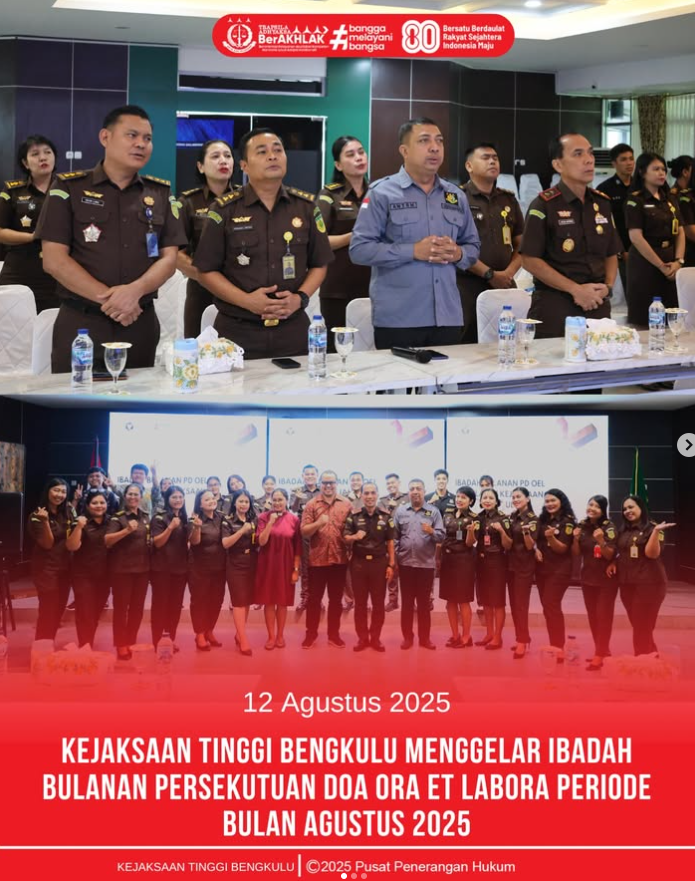 Kejaksaan Tinggi Bengkulu menggelar ibadah bulanan Persekutuan Doa Ora Et Labora periode bulan Agustus 2025