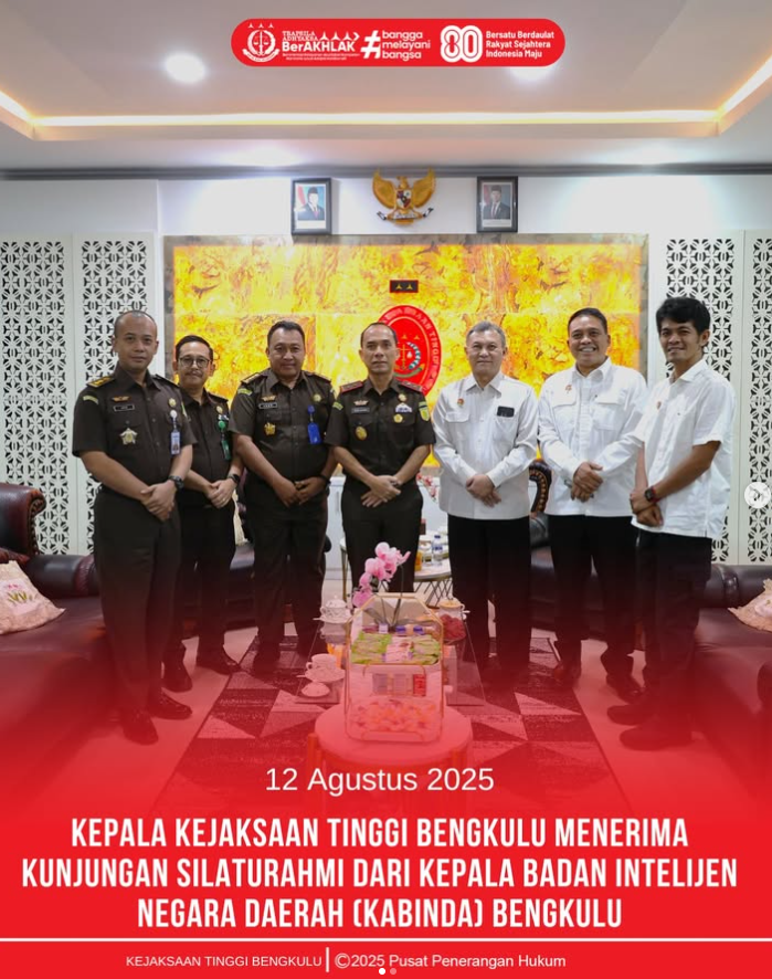 Kepala Kejaksaan Tinggi Kejati) Bengkulu, Victor Antonius Saragih Sidabutar, S.H., M.H., menerima kunjungan silaturahmi dari Kepala Badan Intelijen Negara Daerah Kabinda) Bengkulu.