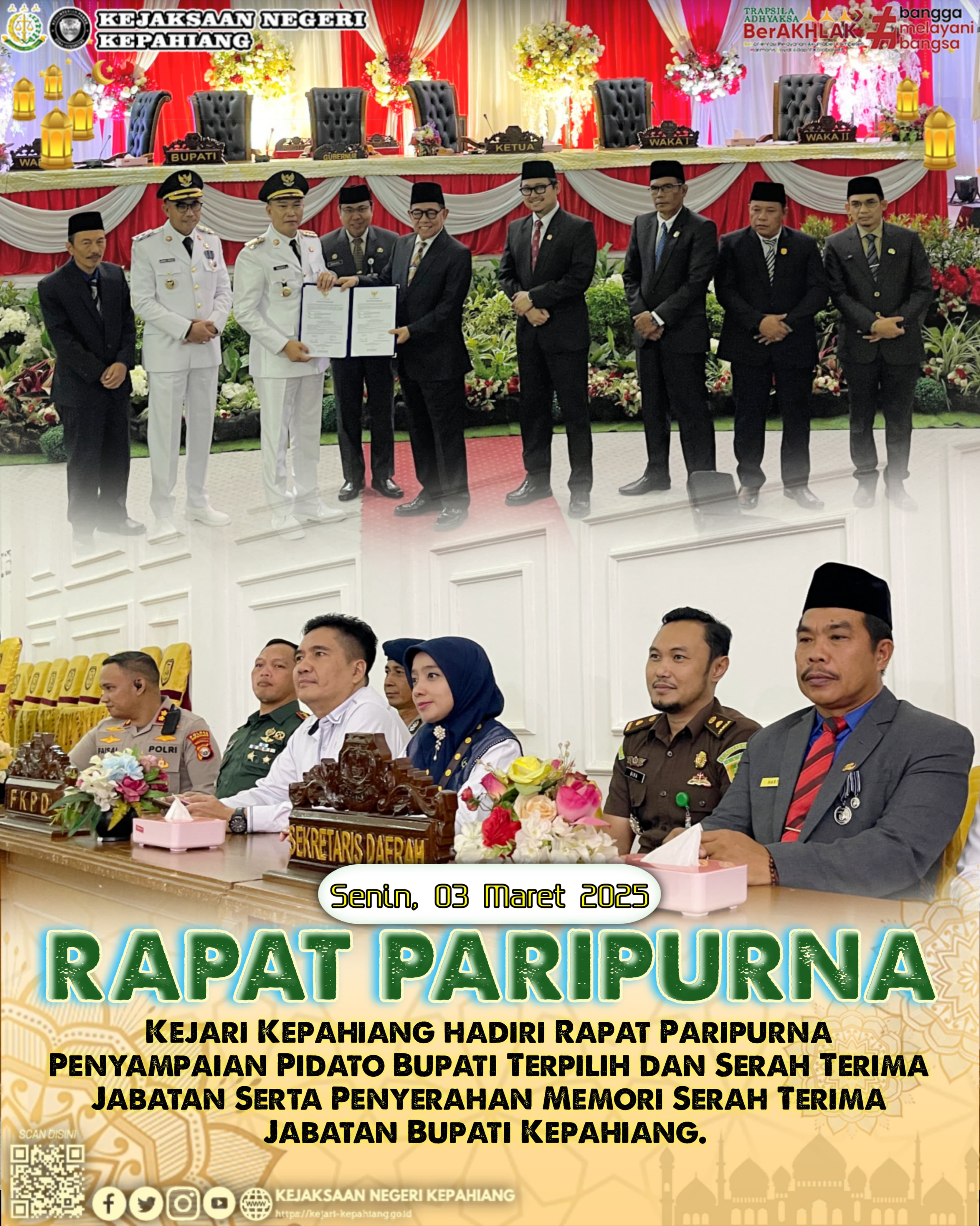 RAPAT PARIPURNA PENYAMPAIAN PIDATO BUPATI TERPILIH DAN SERAH TERIMA JABATAN BUPATI KEPAHIANG