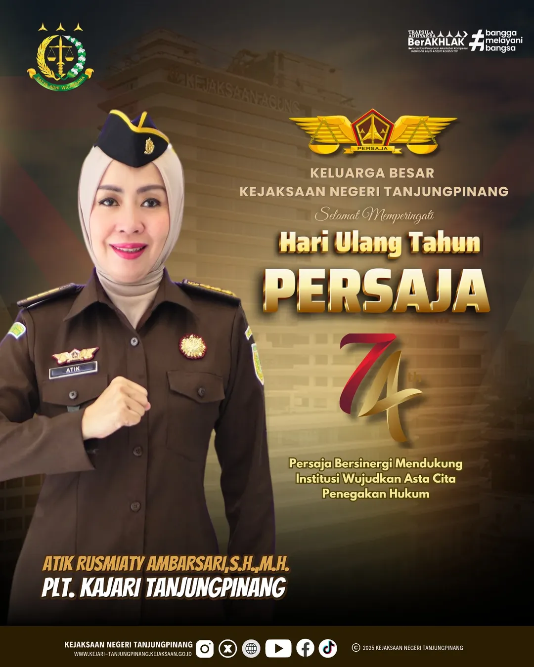 Keluarga Besar Kejaksaan Negeri Tanjungpinang Mengucapkan Selamat Memperingati Hari Ulang Tahun Persaja ke 74