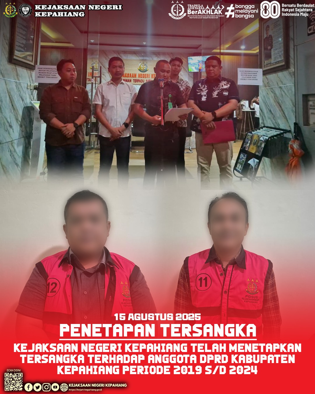 PENETAPAN TERSANGKA TERHADAP 2 DUA) ANGGOTA DPRD KABUPATEN KEPAHIANG PERIODE 2019 SD 2024 DALAM DUGAAN TINDAK PIDANA KORUPSI LAPORAN KEUANGAN SEKRETARIAT DPRD KABUPATEN KEPAHIANG TAHUN ANGGARAN 2021 SD 2023.