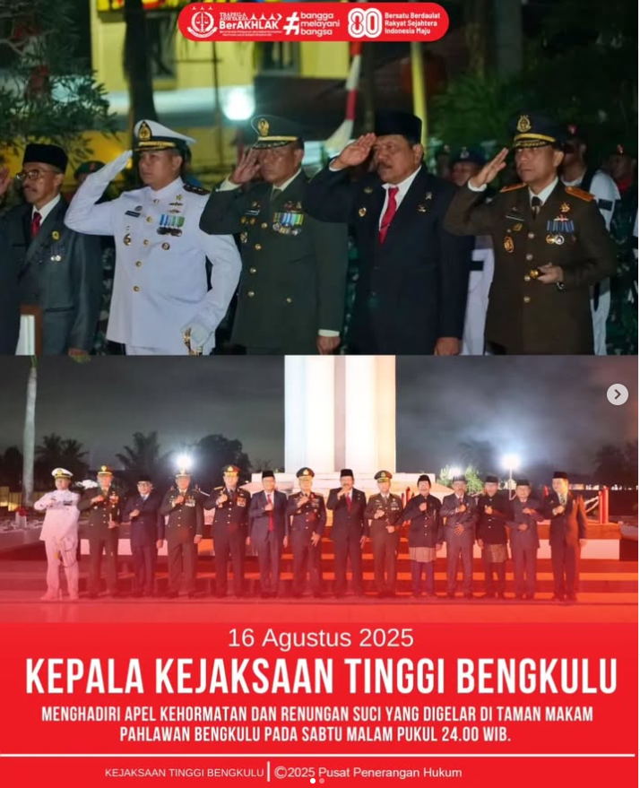 Kepala Kejaksaan Tinggi Bengkulu, Victor Antonius Saragih Sidabutar, S.H., M.H., menghadiri Apel Kehormatan dan Renungan Suci yang digelar di Taman Makam Pahlawan Bengkulu pada Sabtu malam pukul 24.00 WIB.