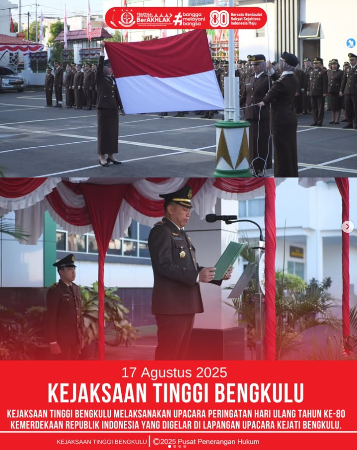 Kejaksaan Tinggi Bengkulu melaksanakan Upacara Peringatan Hari Ulang Tahun ke-80 Kemerdekaan Republik Indonesia yang digelar di Lapangan Upacara Kejati Bengkulu.