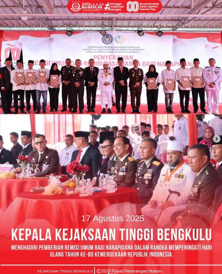 Kepala Kejaksaan Tinggi Bengkulu, Victor Antonius Saragih Sidabutar, S.H., M.H., menghadiri kegiatan Pemberian Remisi Umum bagi Narapidana dalam rangka memperingati Hari Ulang Tahun ke-80 Kemerdekaan Republik Indonesia