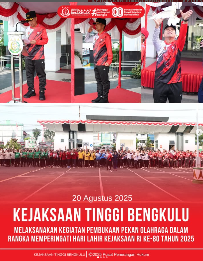 Kejaksaan Tinggi Bengkulu melaksanakan kegiatan Pekan Olahraga dalam rangka memperingati Hari Lahir Kejaksaan RI ke-80 tahun 2025.
