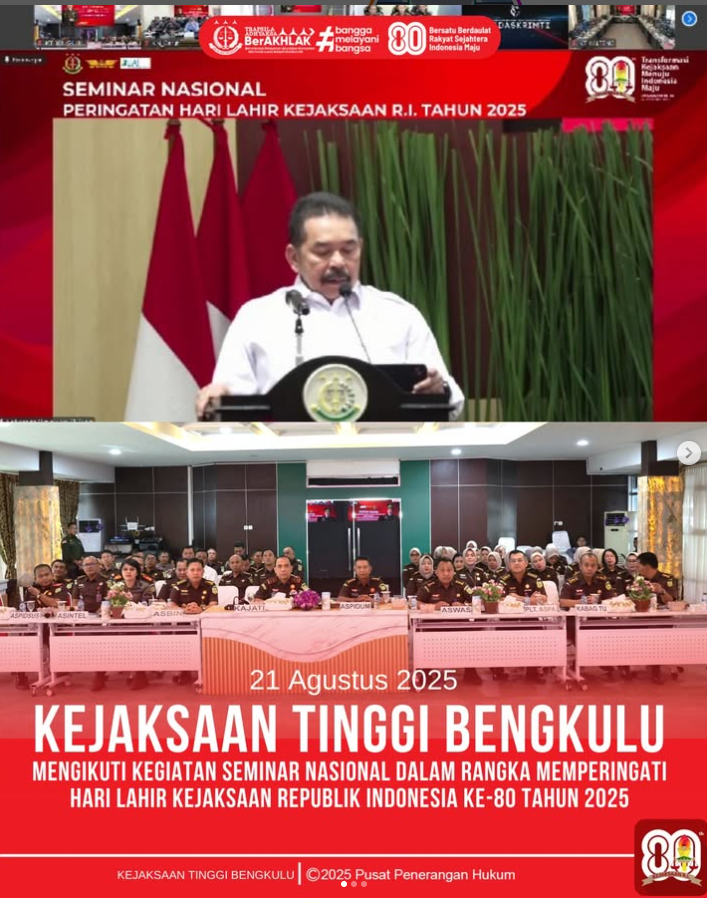 Kejaksaan Tinggi Bengkulu mengikuti kegiatan Seminar Nasional dalam rangka memperingati Hari Lahir Kejaksaan Republik Indonesia ke-80 Tahun 2025.