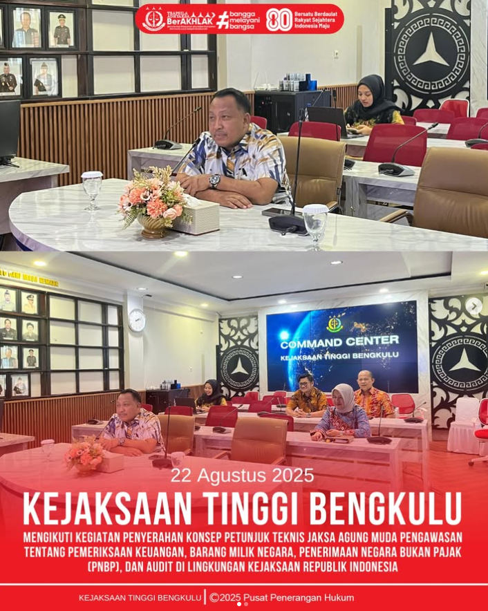Kejaksaan Tinggi Bengkulu mengikuti kegiatan Penyerahan Konsep Petunjuk Teknis Jaksa Agung Muda Pengawasan tentang Pemeriksaan Keuangan, Barang Milik Negara, Penerimaan Negara Bukan Pajak PNBP), dan Audit di lingkungan Kejaksaan Republik Indonesia.