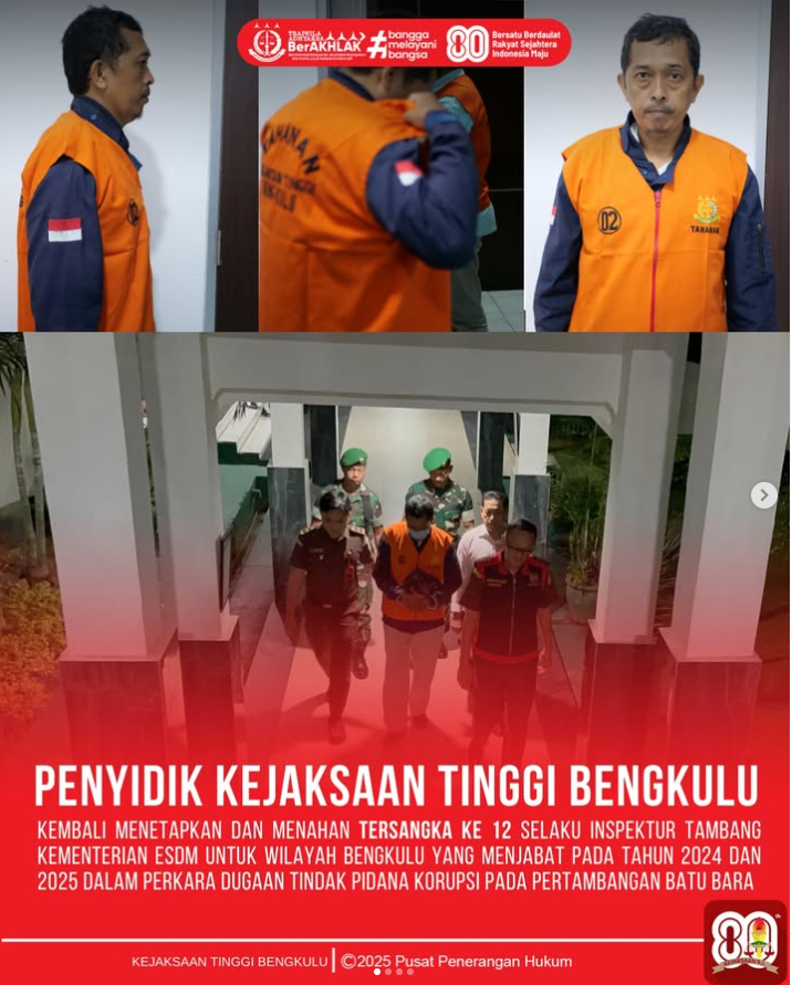 Inspektur Tambang Wilayah Bengkulu tersangka 12 Kasus Dugaan Korupsi Tambang