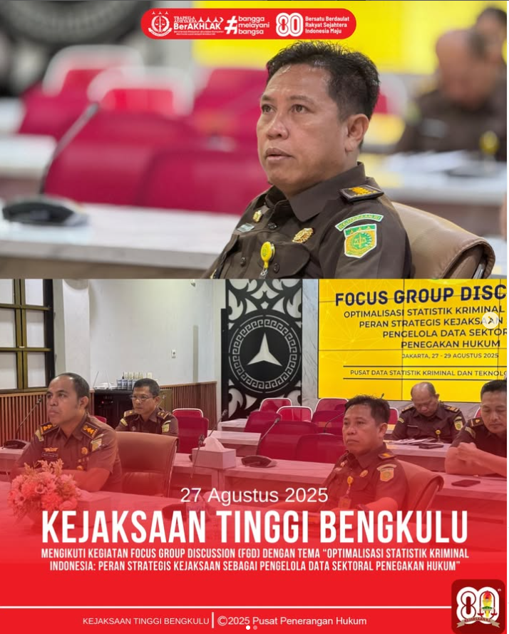 Kejaksaan Tinggi Bengkulu mengikuti kegiatan Focus Group Discussion FGD) secara daring yang diselenggarakan oleh Kejaksaan Agung Republik Indonesia melalui Pusat Data Statistik Kriminal dan Teknologi Informasi
