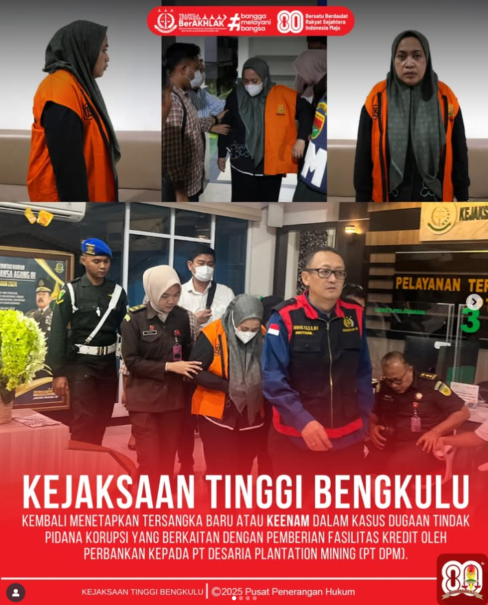 Tim Penyidik tindak Pidana Khusus Kejati Bengkulu kembali menetapkan tersangka baru atau keenam dalam kasus dugaan tindak pidana korupsi yang berkaitan dengan pemberian fasilitas kredit oleh Perbankan kepada PT Desaria Plantation Mining