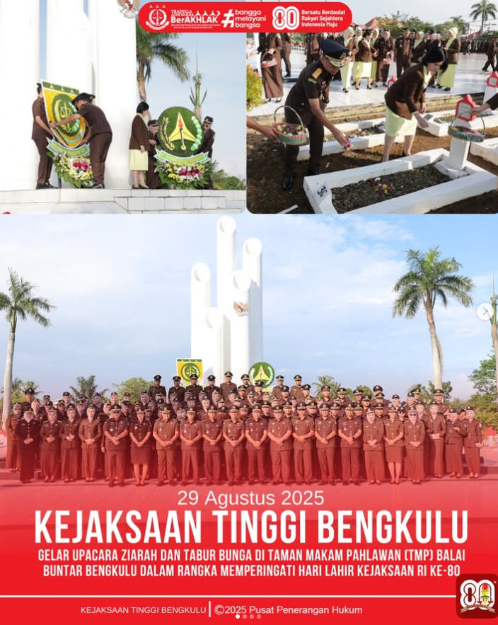 Kejaksaan Tinggi Bengkulu Gelar Upacara Ziarah dan Tabur Bunga di TMP Balai Buntar Dalam Rangka Memperingati Hari Lahir Kejaksaan RI Ke-80