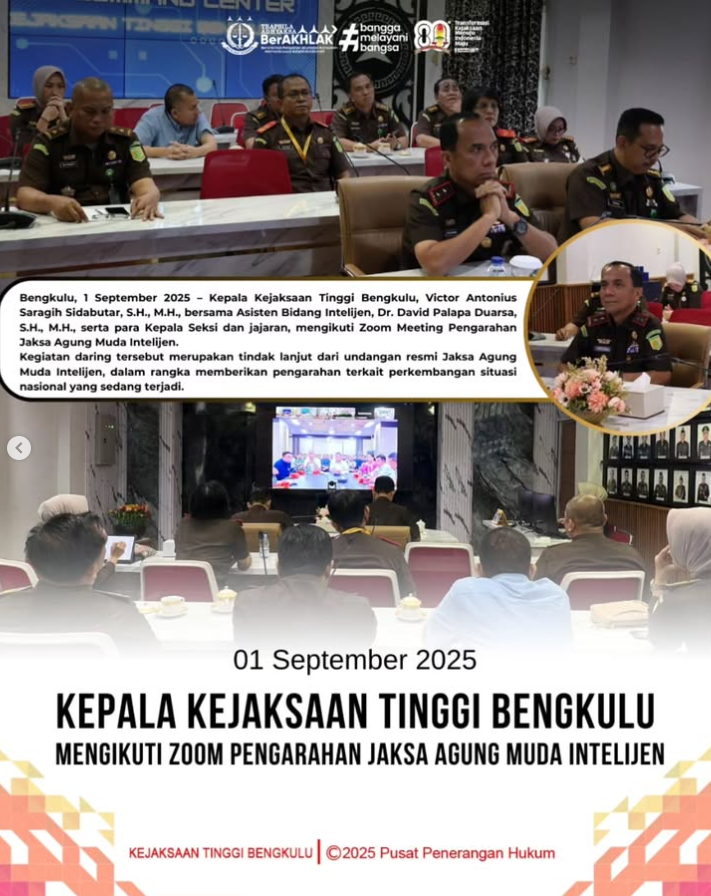 Kepala Kejaksaan Tinggi Bengkulu, Victor Antonius Saragih Sidabutar, S.H., M.H., bersama Asisten Bidang Intelijen, serta para Kepala Seksi dan jajaran intelijen mengikuti Zoom Meeting yang diselenggarakan oleh Kejaksaan Agung Republik Indonesi