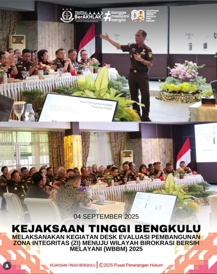 Kejaksaan Tinggi Bengkulu melaksanakan Desk Evaluasi Pembangunan Zona Integritas menuju predikat Wilayah Birokrasi Bersih Melayani WBBM) yang dilakukan oleh Tim Penilai Nasional TPN) Kementerian PANRB