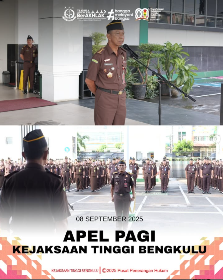 Kejaksaan Tinggi Bengkulu menyelenggarakan Apel Senin Pagi yang berlangsung di Lapangan Kejati Bengkulu Pada kesempatan ini Asisten Tindak Pidana Umum Herwin Ardiono SH MH bertindak sebagai penerima ape
