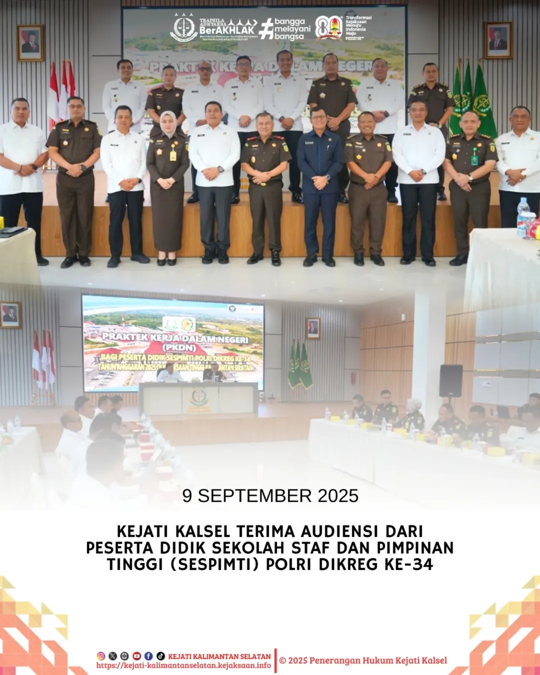 ‎Wakil Kepala Kejaksaan Tinggi Kalimantan Selatan Ikhwan Nul ‎Hakim SH bersama para Asisten Kejati Kalsel menerima audiensi dari Peserta Didik Sekolah Staf dan Pimpinan Tinggi Sespimti) Polri Dikreg ke-34 Tahun Anggaran 2025