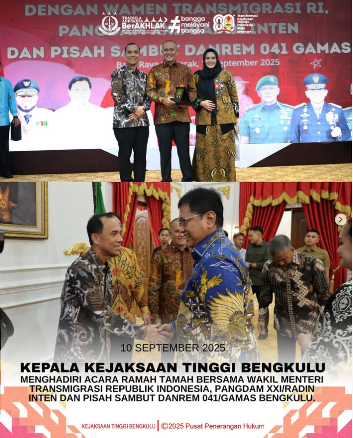 Kepala Kejaksaan Tinggi Bengkulu menghadiri Pisah Sambut Danrem 041Gamas Bengkulu Kajati Tegaskan Komitmen Sinergi Forkopimda