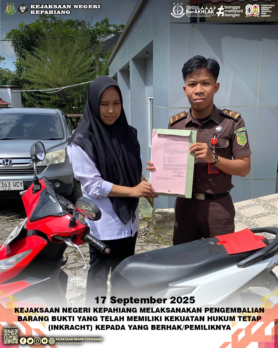 KEJAKSAAN NEGERI KEPAHIANG MELAKSANAKAN PENGEMBALIAN BARANG BUKTI