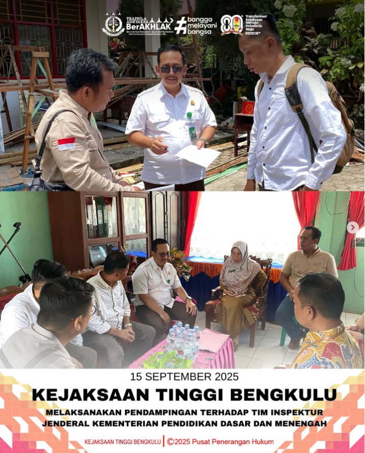 Kejaksaan Tinggi Bengkulu melalui Asisten Intelijen Dr David P Duarsa SH MH CSSL bersama jajaran intelijen Kejati dan Kejaksaan Negeri se-wilayah Bengkulu melaksanakan pendampingan terhadap Tim Inspektur Jenderal Kementerian Pendidikan Dasar dan Menengah