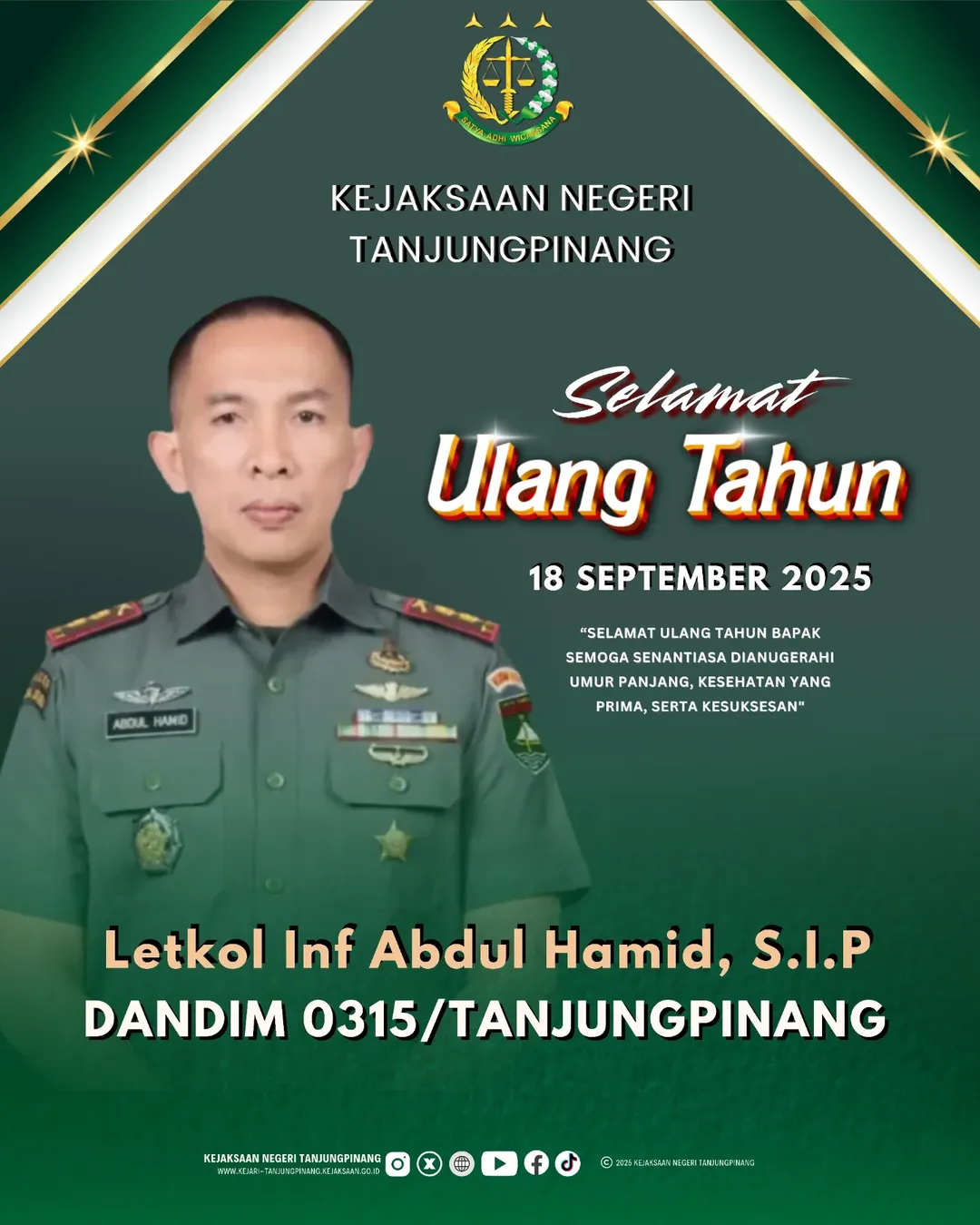 Selamat Ulang Tahun Letkol Inf Abdul Hamid SIP yang ke 44 Tahun 18 September 2025)