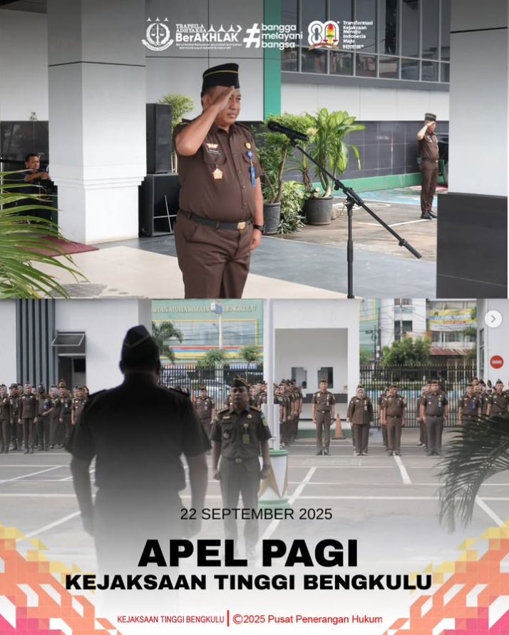 Kejaksaan Tinggi Bengkulu melaksanakan apel Senin pagi yang berlangsung di Lapangan Upacara Kejati Bengkulu Apel rutin ini dipimpin oleh Asisten Bidang Pengawasan Andri Kurniawan SH MH