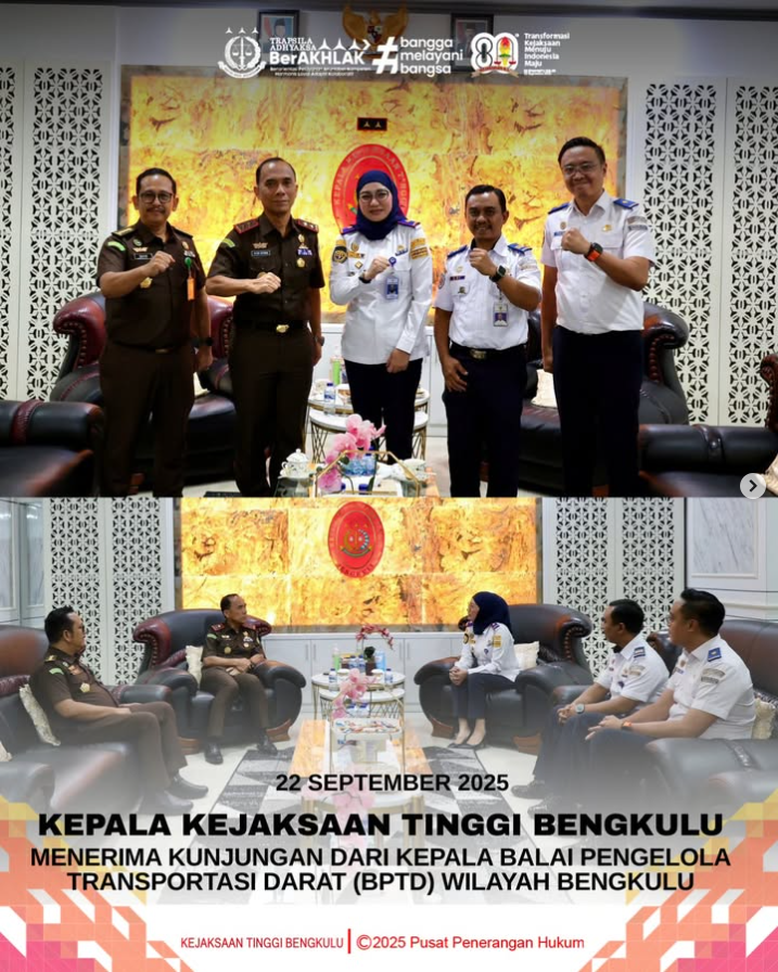 Kepala Kejaksaan Tinggi Bengkulu Victor Antonius Saragih Sidabutar SH MH menerima kunjungan dari Kepala Balai Pengelola Transportasi Darat BPTD) Wilayah Bengkulu Dinda SE di Kantor Kejati Bengkulu