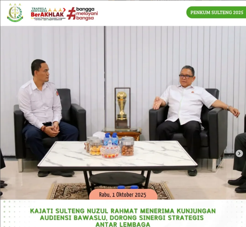 KAJATI SULTENG NUZUL RAHMAT MENERIMA KUNJUNGAN AUDIENSI BAWASLU DORONG SINERGI STRATEGIS ANTAR LEMBAGA