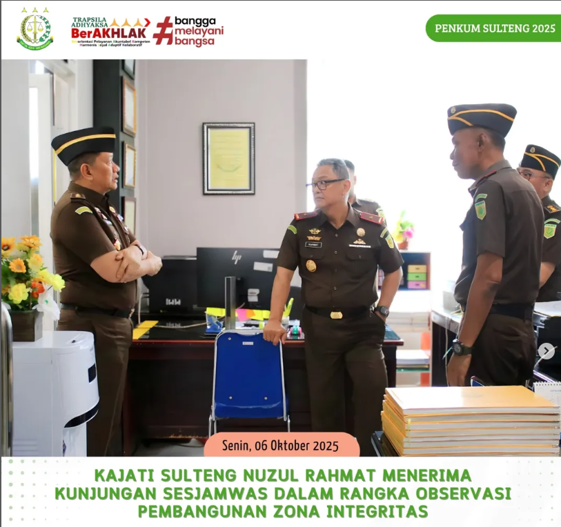 KAJATI SULTENG NUZUL RAHMAT MENERIMA KUNJUNGAN SESJAMWAS DALAM RANGKA OBSERVASI PEMBANGUNAN ZONA INTEGRITAS