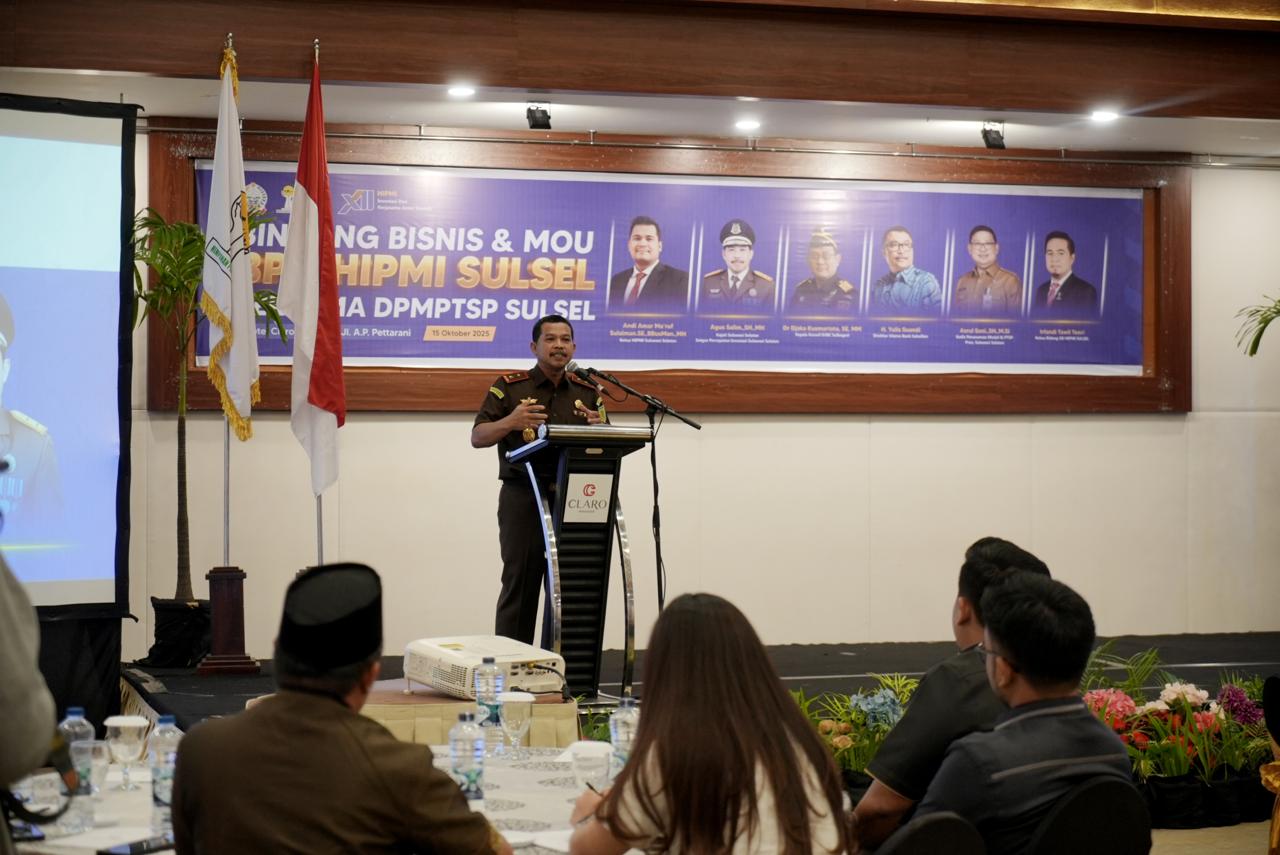 Dorong Target Ekonomi 8 Persen Kajati Sulsel Agus Salim Paparkan Strategi Satgas Percepatan Investasi dalam Forum HIPMI Sulsel