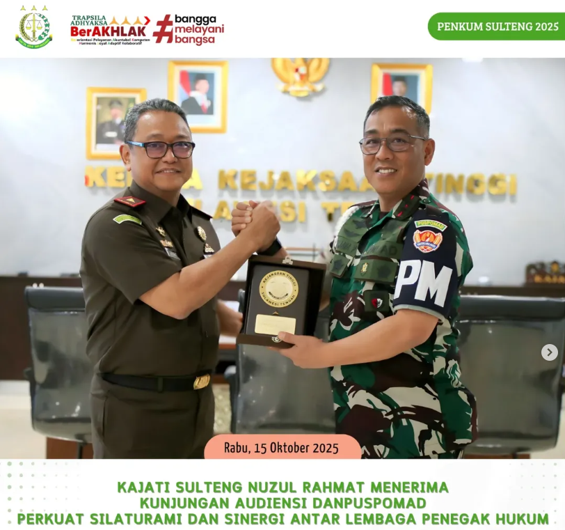 KAJATI SULTENG NUZUL RAHMAT MENERIMA KUNJUNGAN AUDIENSI DANPUSPOMAD PERKUAT SILATURAHMI DAN SINERGI ANTAR LEMBAGA PENEGAK HUKUM